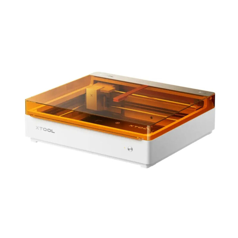 xTool M2 Color Craft laser engraver, angled view with amber safety lid xTool M2 Color Craft laser engraver, angled view with amber safety lid